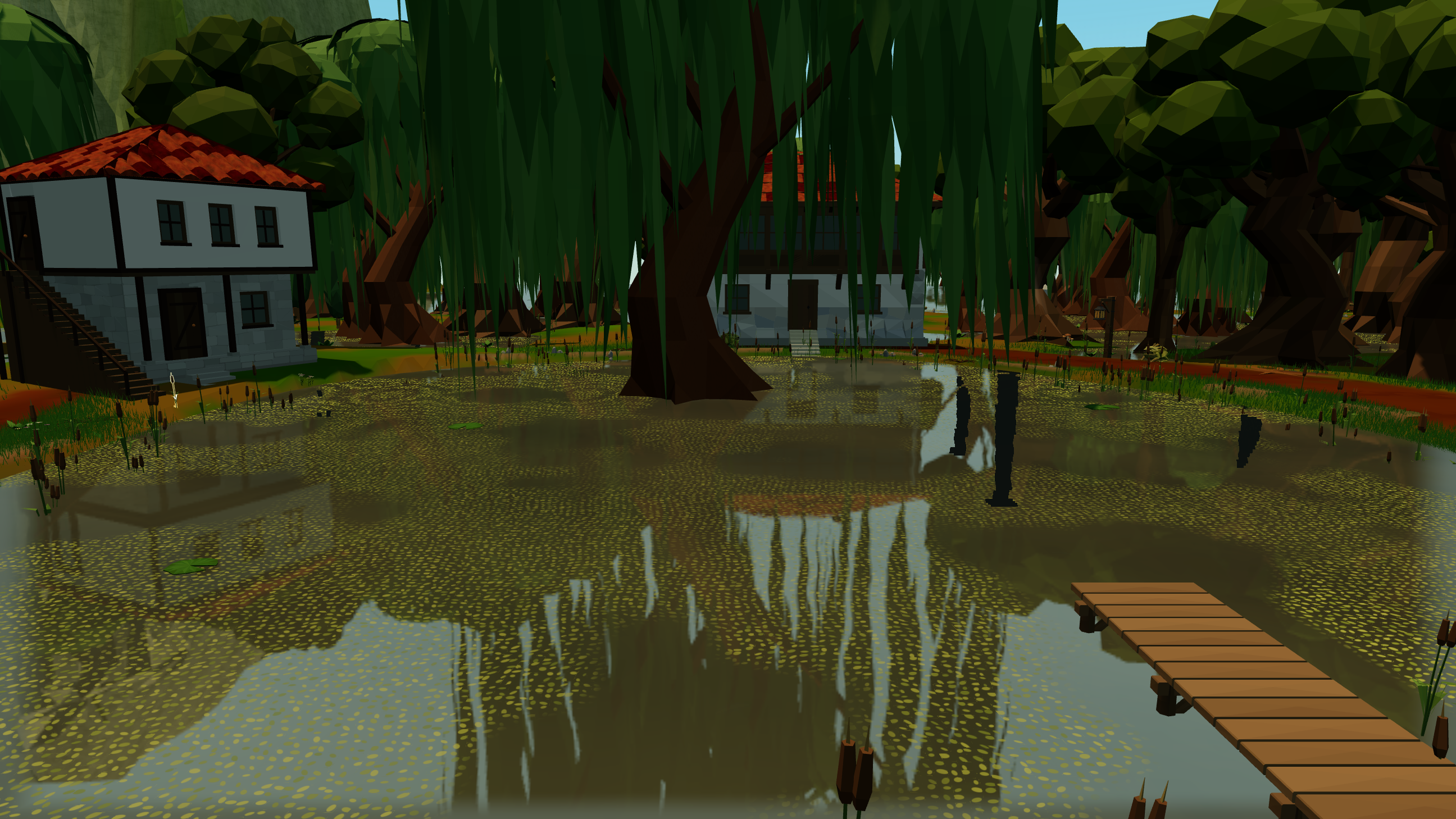 Hutovo's village pond, with a wooden dock and willow trees reflected in the water.