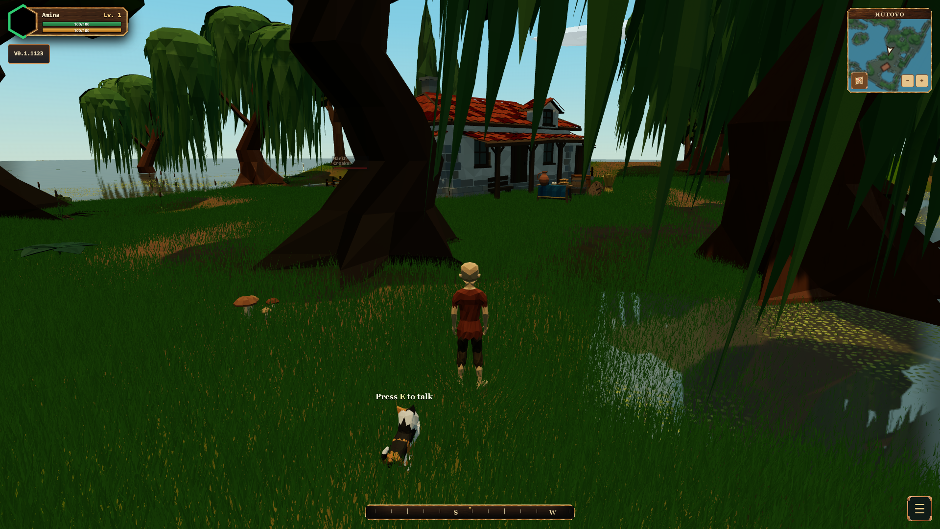 Third-person view through Hutovo’s trees toward the sunken farmhouse, with the player and full game interface visible.