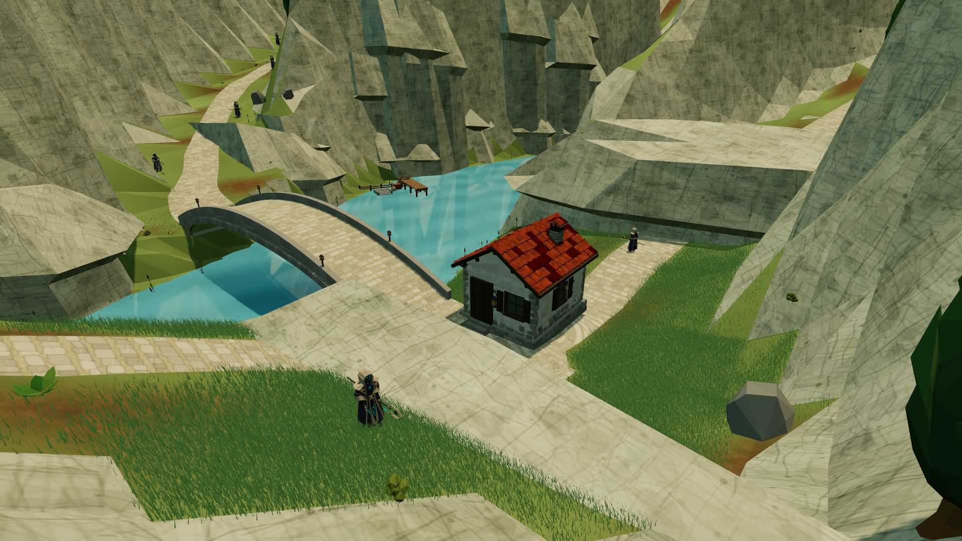 First-person view past a river cultist over the Neretva river and its sweeping canyon, with the interface hidden.